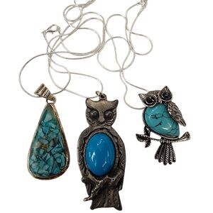 Bundle of 2 Owl Pendant Necklaces Antique Silver Tone - plus Bonus Pendant
